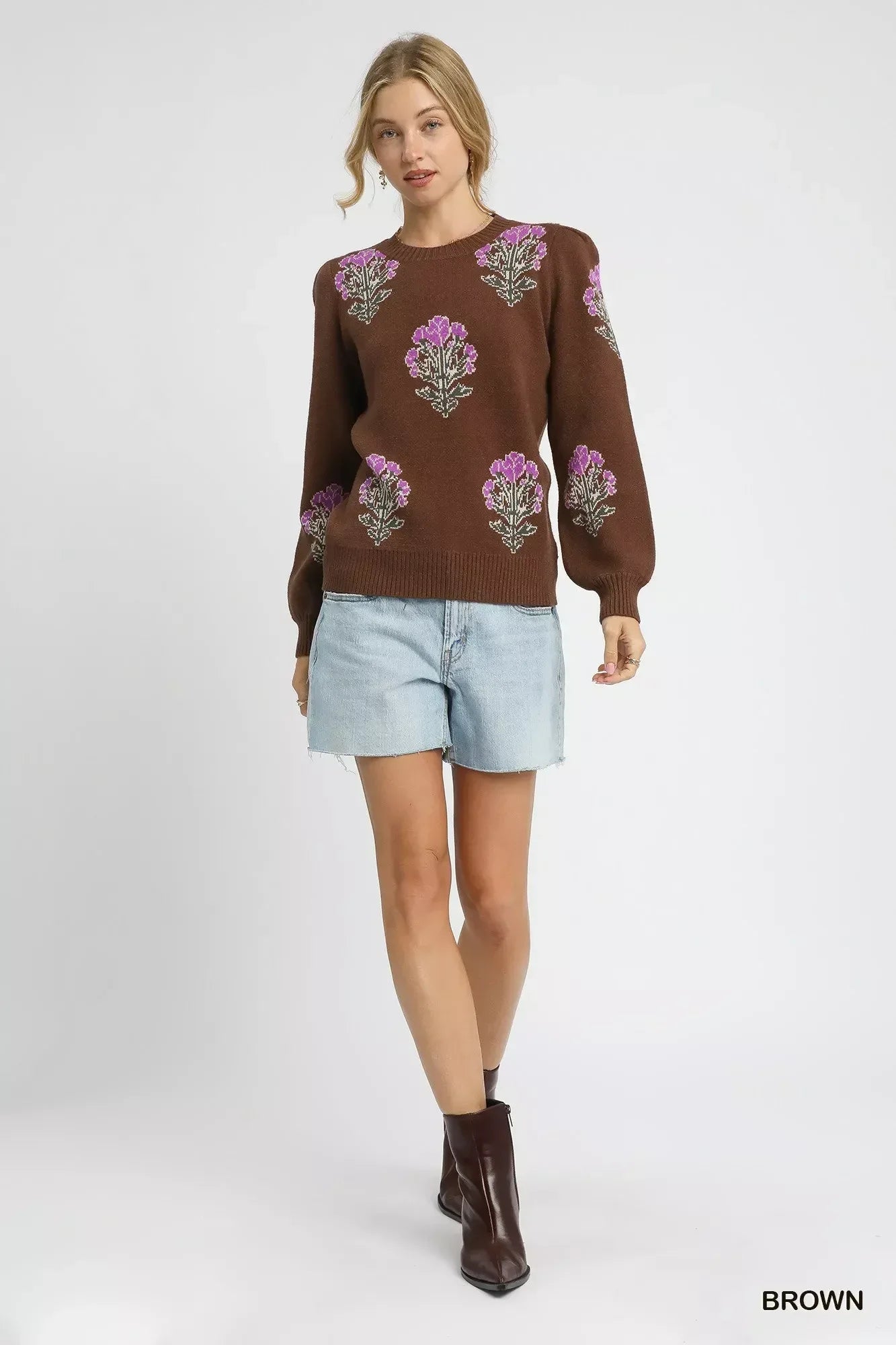 Umgee Single Flower Stem Jacquard Sweater - DAVERRI FASHIONS