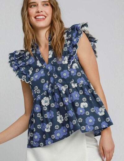 Umgee Full Size Floral Print Peplum Top Plus Size NAVY MIX Tops