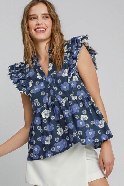 Umgee Full Size Floral Print Peplum Top Plus Size NAVY MIX Tops