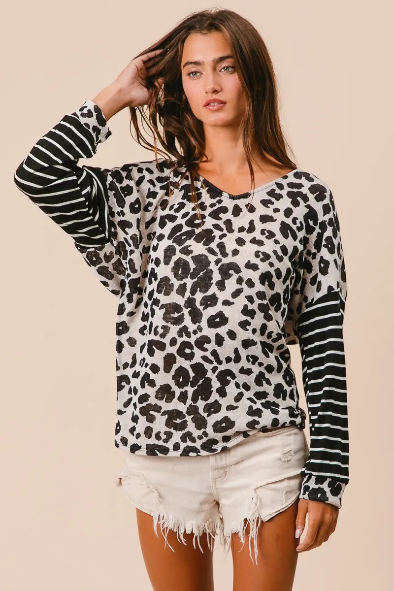 BiBi Leopard Hacci Knit Twist Back Top With Stripe Sleeve Tops
