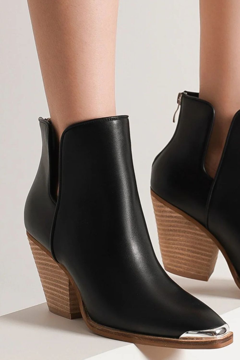 Pointed Metal-Tip Toe Block Heel Ankle Boots Boots