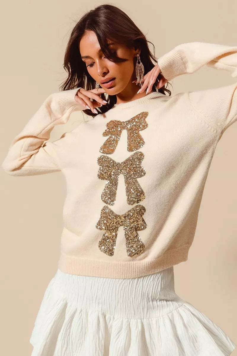 SO ME Sequins Bow Ribbon Embellished Christmas Sweater | Sweaters Daverri Fashions