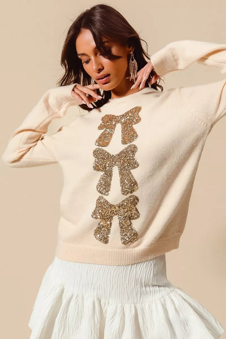 SO ME Sequins Bow Ribbon Embellished Christmas Sweater | Sweaters Daverri Fashions