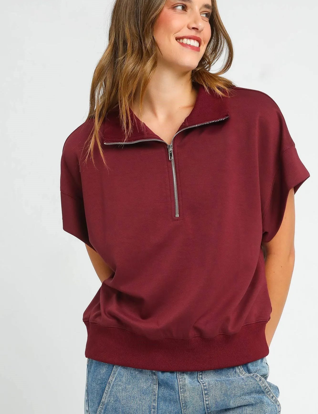 MAHOGANY Umgee Full Size Half-Zip Short Sleeve Top Plus Size | Tops Daverri Fashions