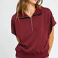Umgee Full Size Half-Zip Short Sleeve Top Plus Size MAHOGANY Tops