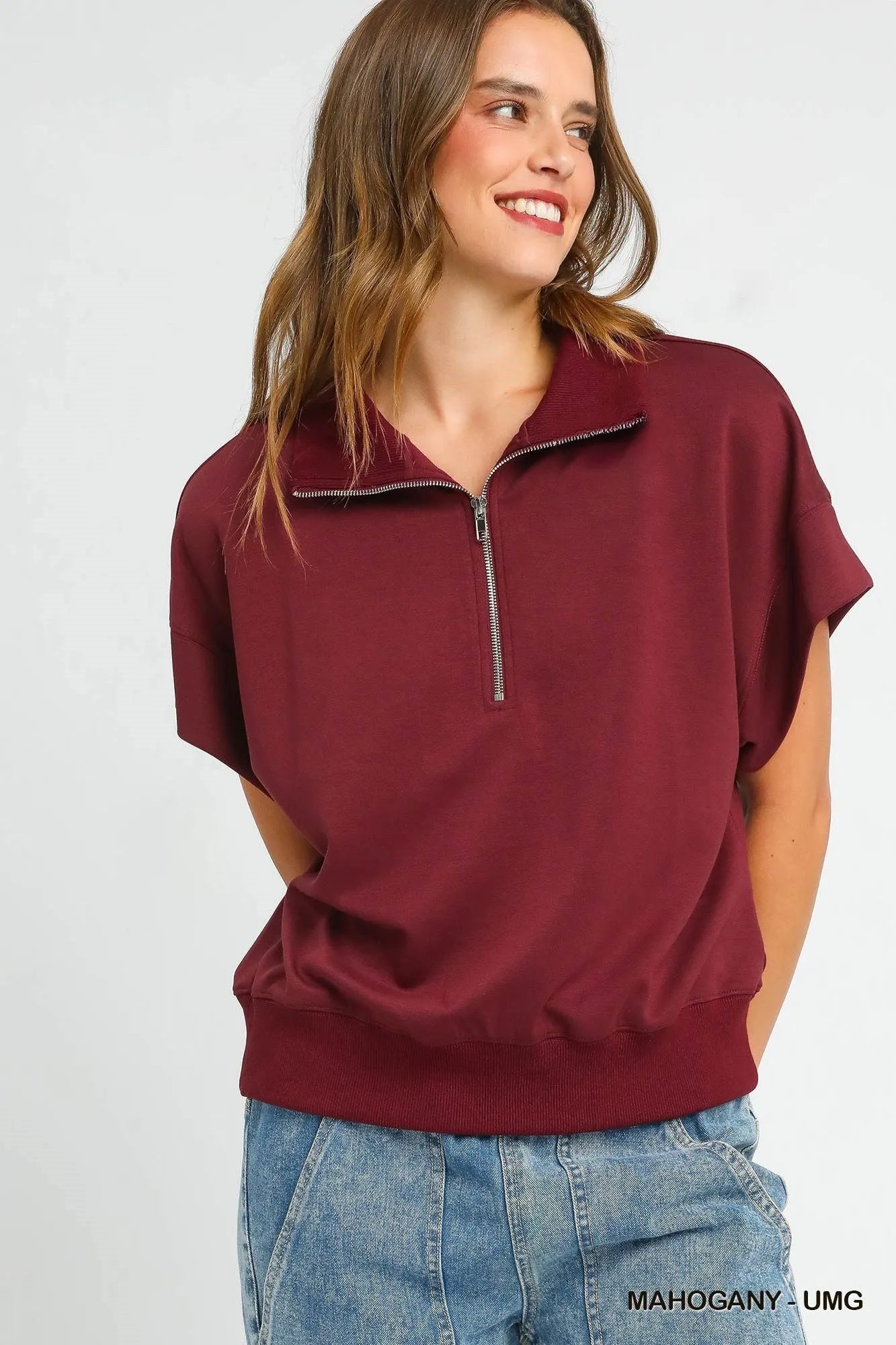 Umgee Full Size Half-Zip Short Sleeve Top Plus Size MAHOGANY Tops