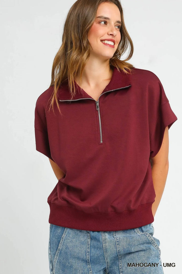 Umgee Full Size Half-Zip Short Sleeve Top Plus Size MAHOGANY Tops