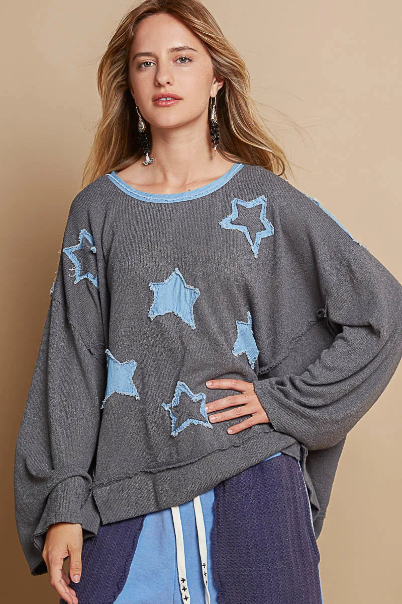 POL Exposed Seam Relaxed Fit Sweater with Star Denim Patch | Sweaters Daverri Fashions