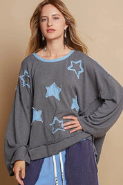 POL Exposed Seam Relaxed Fit Sweater with Star Denim Patch | Sweaters Daverri Fashions