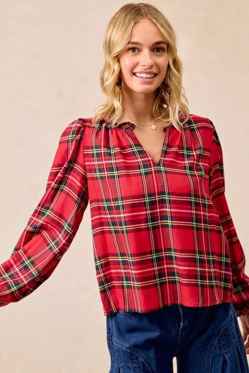 BiBi Christmas Plaid Balloon Sleeves Ruffled V-Neck Top | Daverri Fashions