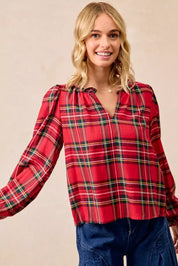 BiBi Christmas Plaid Balloon Sleeves Ruffled V-Neck Top | Daverri Fashions