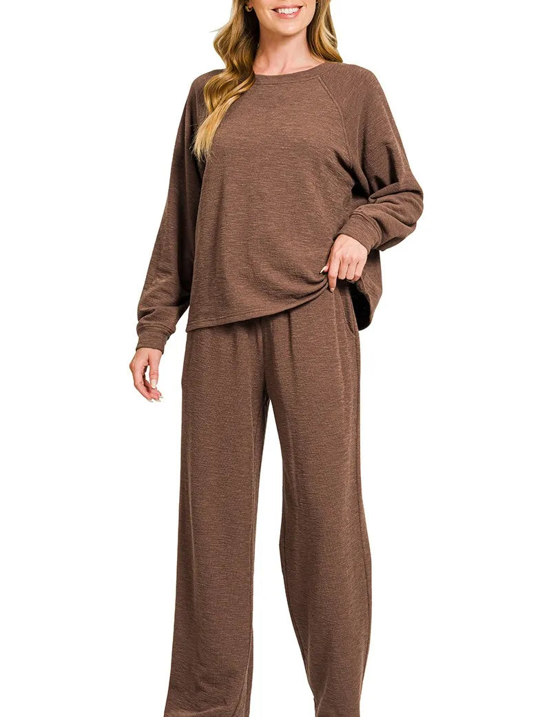BROWN Zenana Slub Long Sleeve Top and Pants Lounge Set | Loungewear Sets Daverri Fashions
