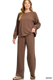 BROWN Zenana Slub Long Sleeve Top and Pants Lounge Set | Loungewear Sets Daverri Fashions
