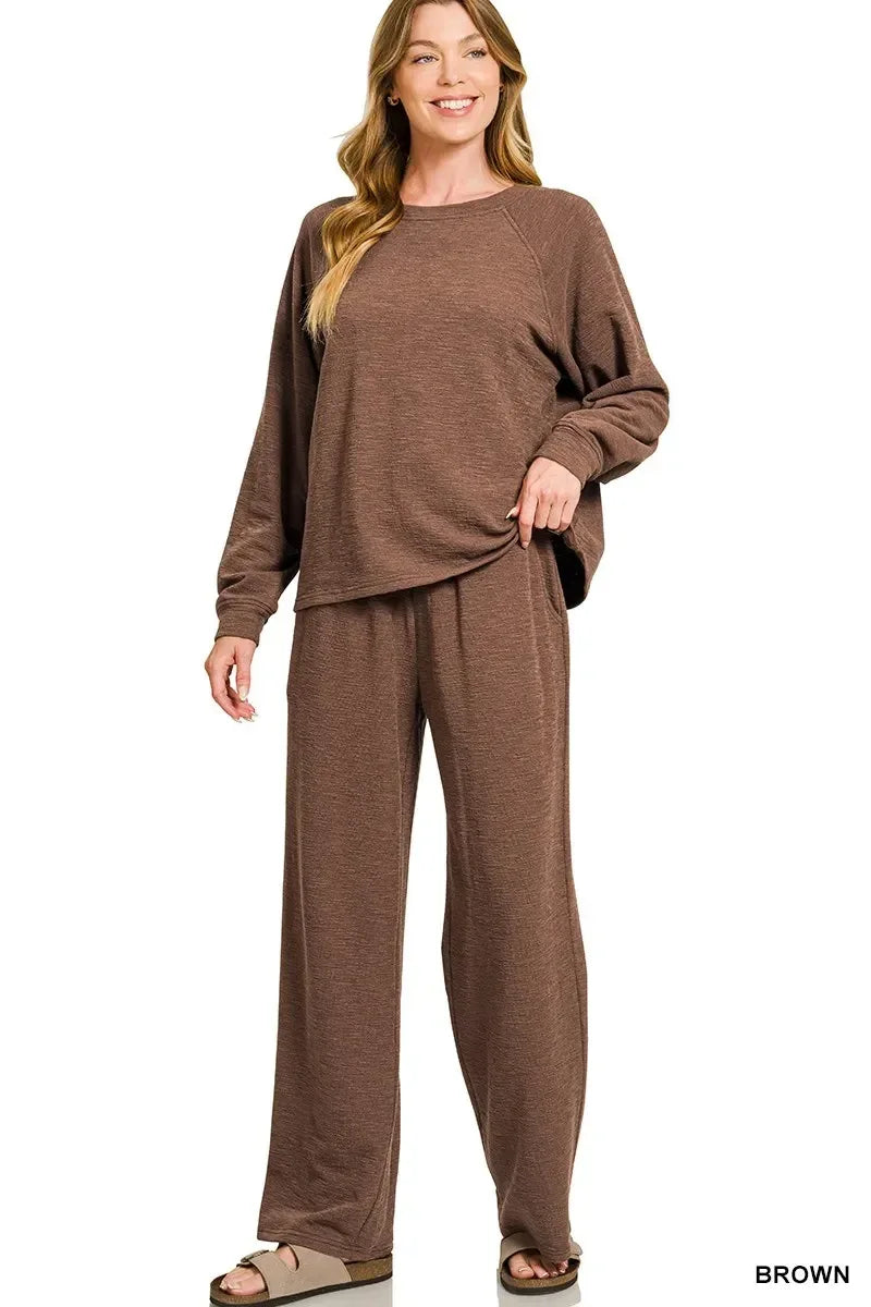 Zenana Slub Long Sleeve Top and Pants Lounge Set - DAVERRI FASHIONS