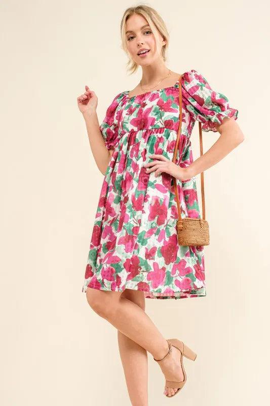 And The Why Smocked Floral Ruffle Short Sleeve Mini Dress - DAVERRI FASHIONS