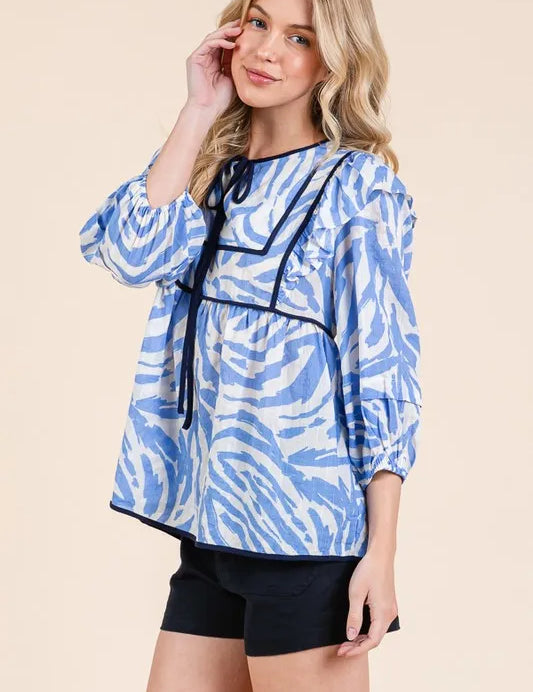 Lime 'N' Chili Graphic Print Solid Trim Quarter Sleeve Blouse | Daverri Fashions