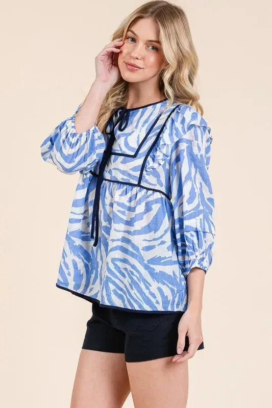 Lime 'N' Chili Graphic Print Solid Trim Quarter Sleeve Blouse - DAVERRI FASHIONS
