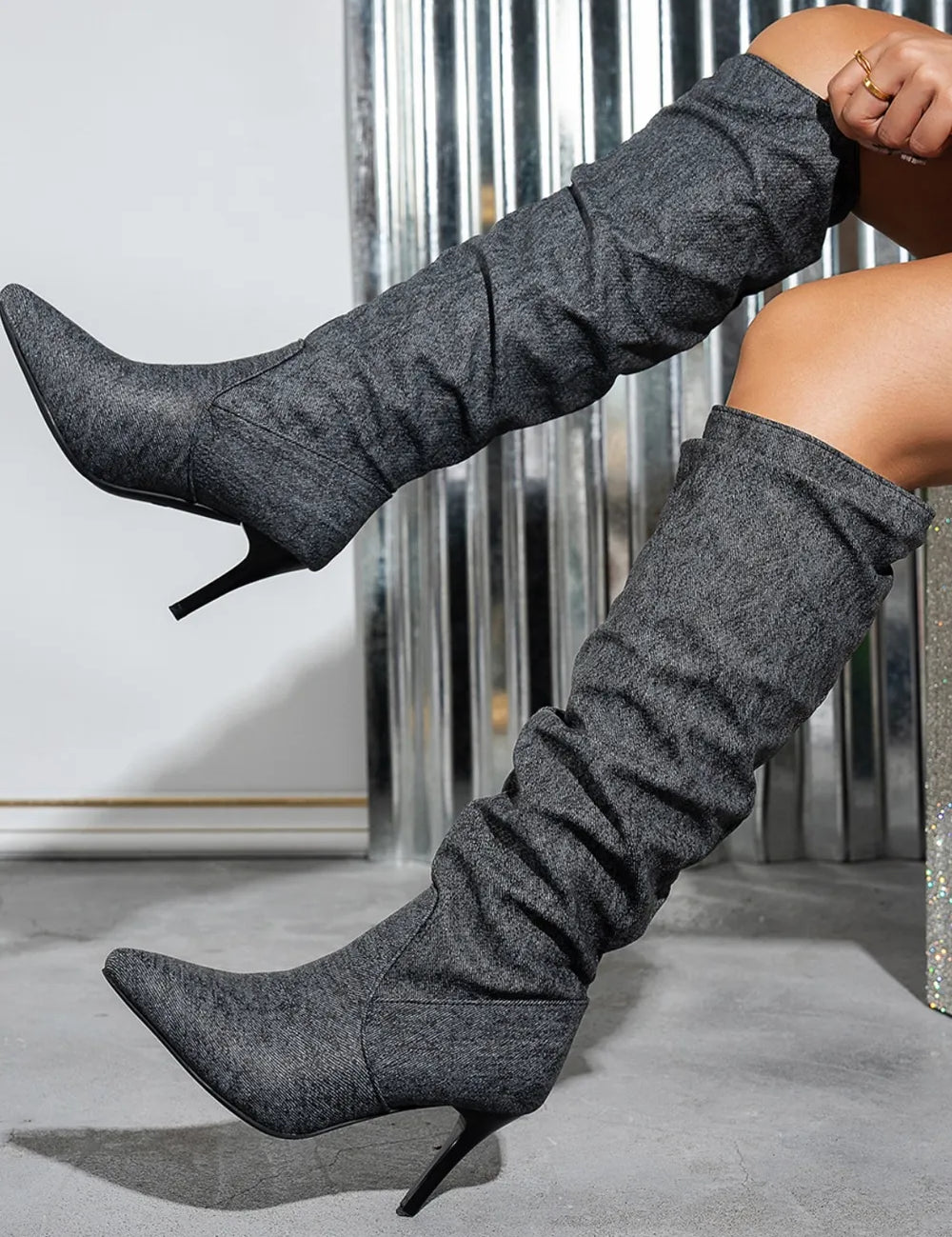Dark Point Toe Denim Stiletto Boots | Boots Daverri Fashions