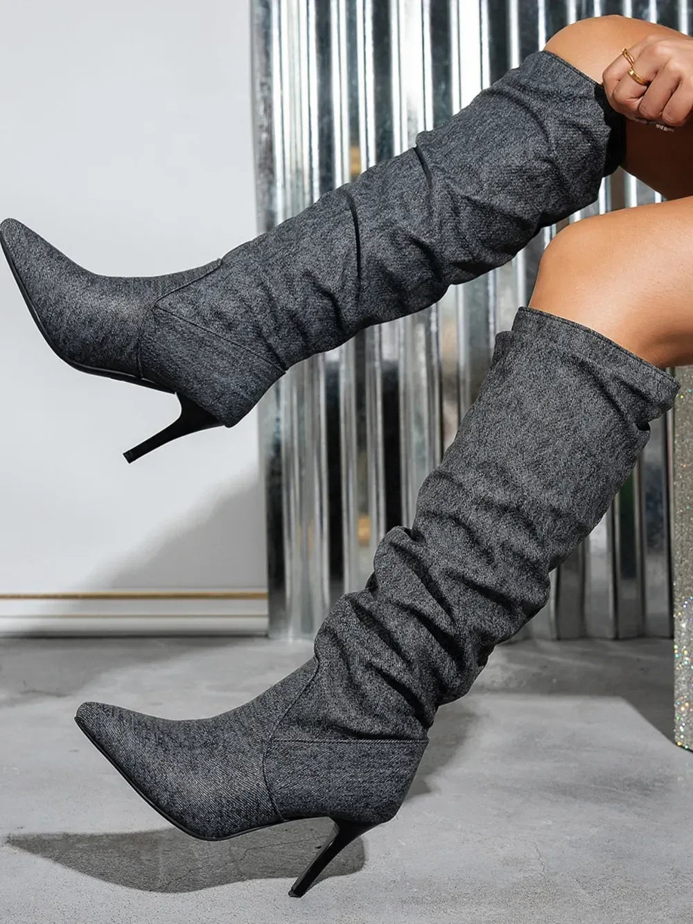Point Toe Denim Stiletto Boots - DAVERRI FASHIONS