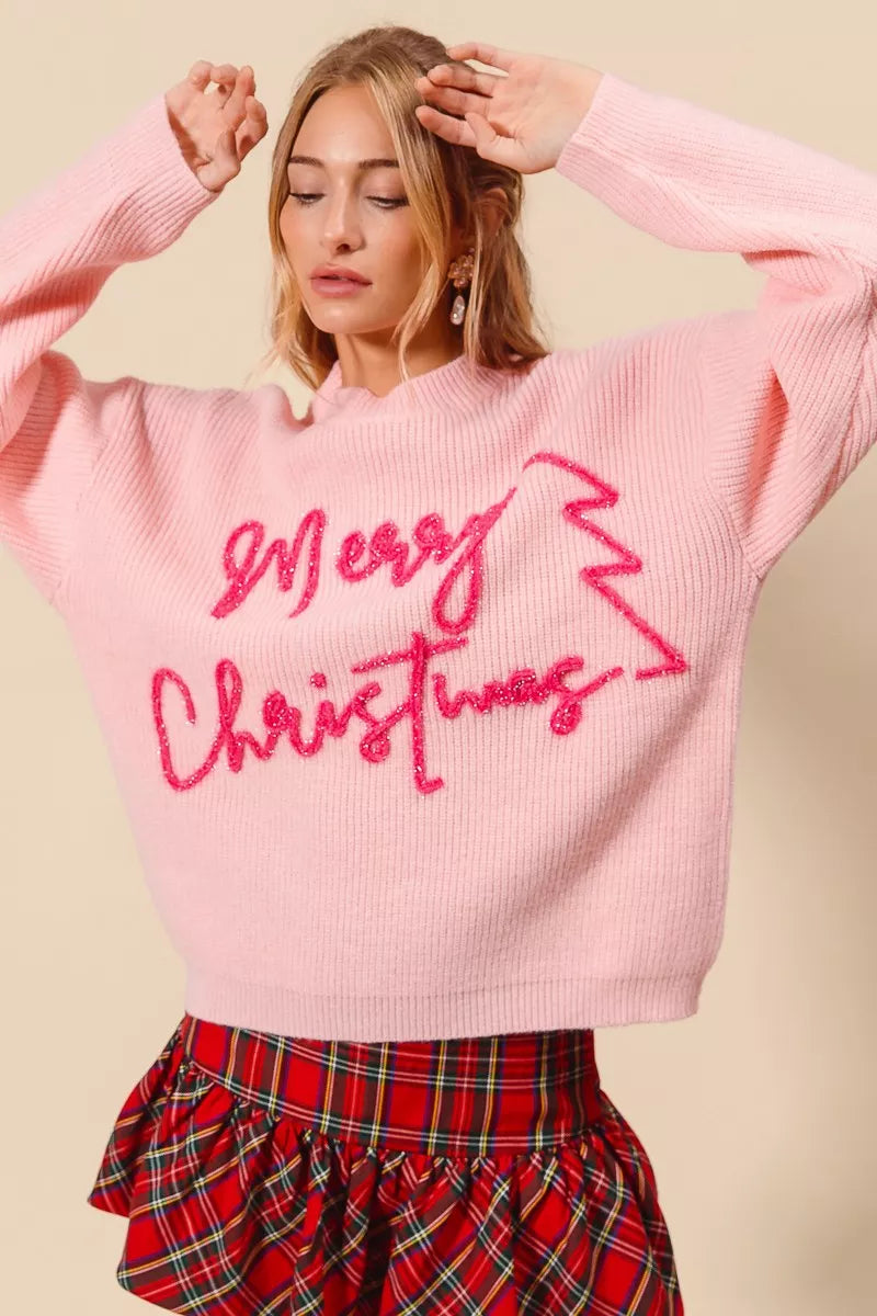 SO ME Merry Christmas Tinsel Lettering Sweater | Sweaters Daverri Fashions