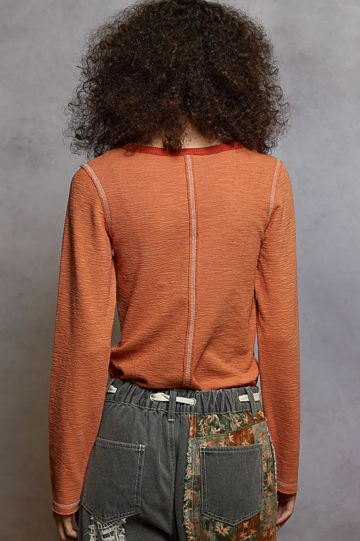 POL Round Neck Long Sleeve Contrast Stitching T-Shirt with Stud Detail | Daverri Fashions