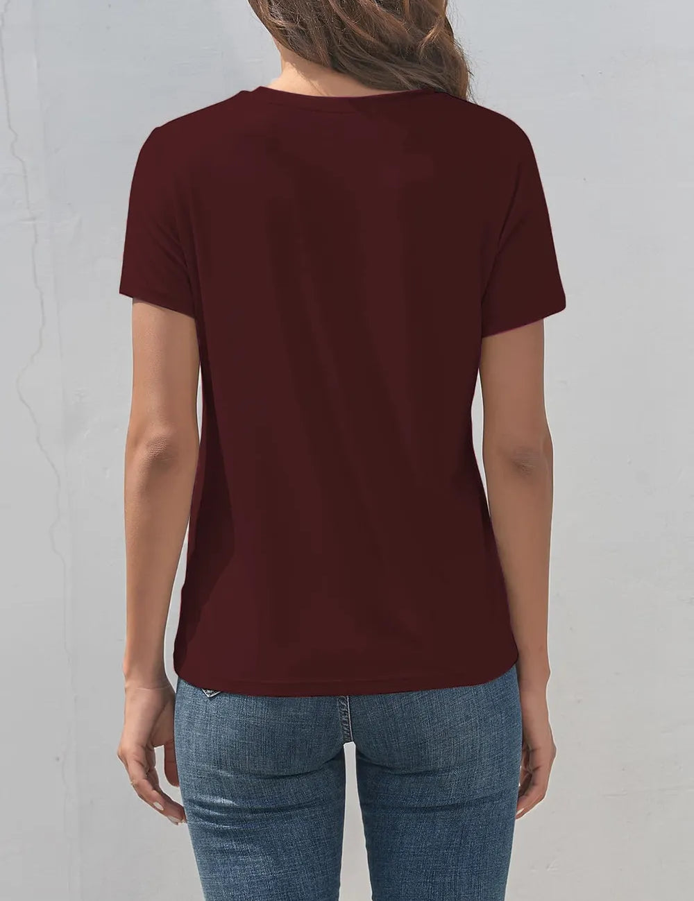 Letter graphic maroon short-sleeved crew neck t-shirt with jeans