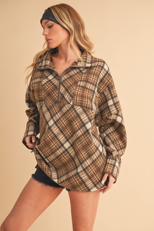 Aemi + Co Slit Plaid Half Zip Drop Shoulder Top Camel