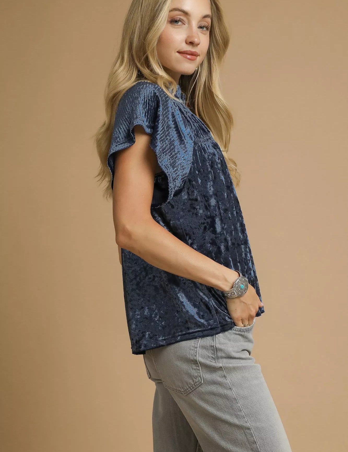 Umgee Crushed Velvet Pleated Blouse | Blouses Daverri Fashions