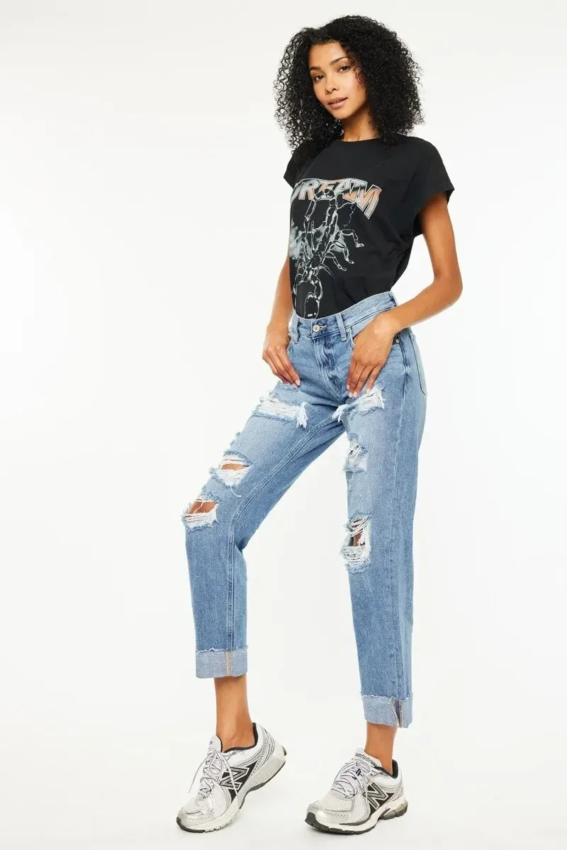 Kancan Mid Rise Distressed Boyfriend Fit Jeans - DAVERRI FASHIONS
