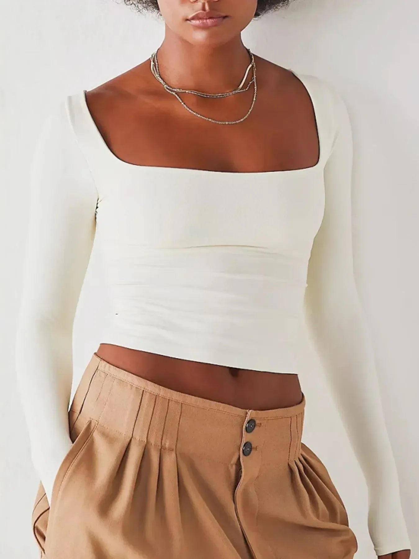 Square Neck Fitted Long Sleeve T-Shirt - DAVERRI FASHIONS