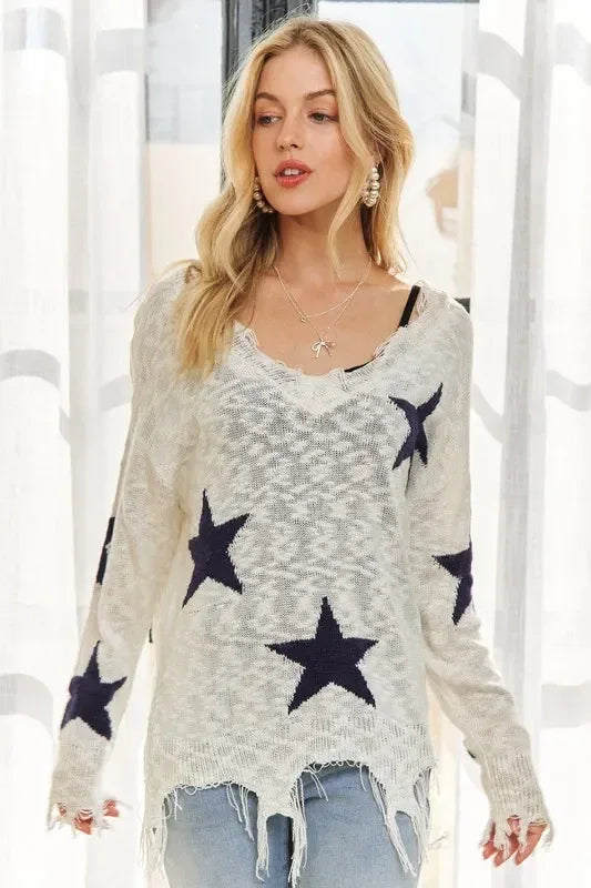 ADORA Distressed Star Sweater Top - DAVERRI FASHIONS