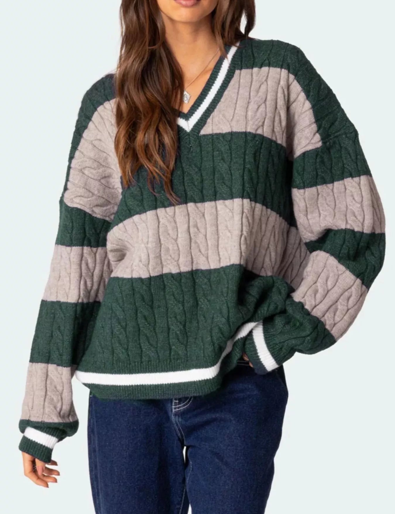 Striped Cable Knit V-Neck Sweater | Sweaters Daverri Fashions