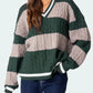Striped Cable Knit V-Neck Sweater - DAVERRI FASHIONS