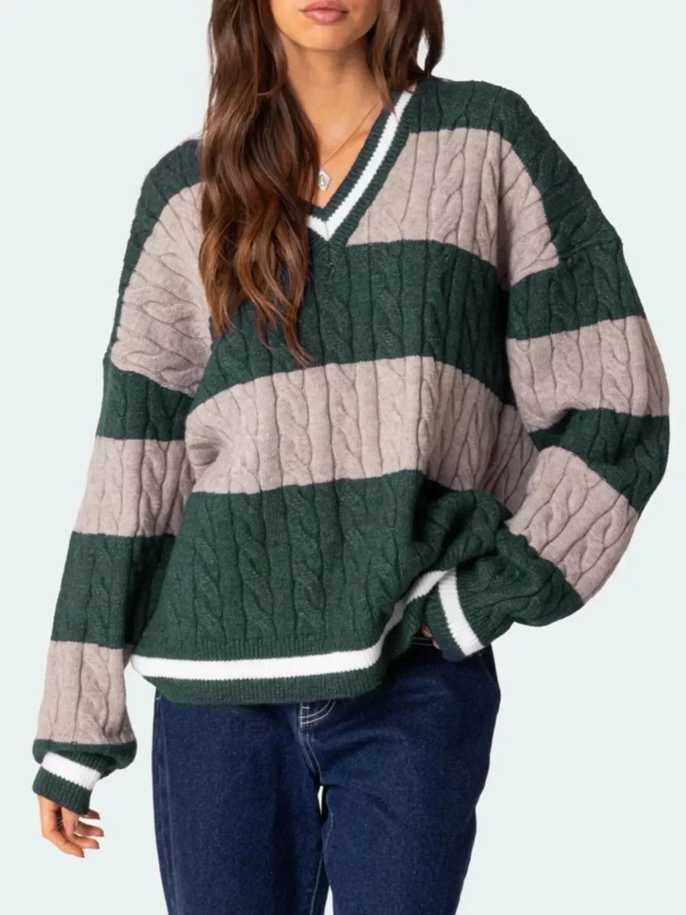 Striped Cable Knit V-Neck Sweater - DAVERRI FASHIONS