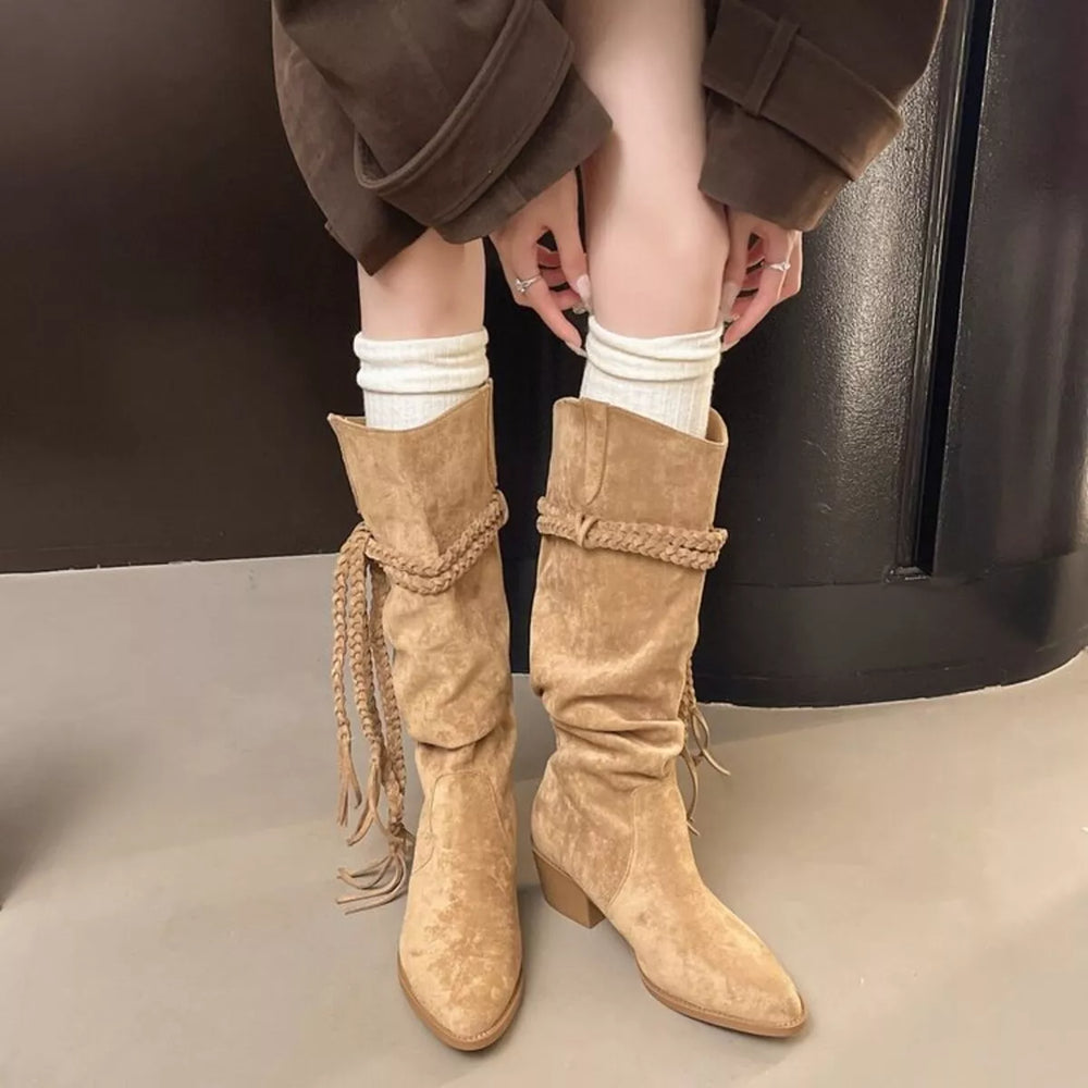 Rope Accent Point Toe Block Heel Boots | Boots Daverri Fashions