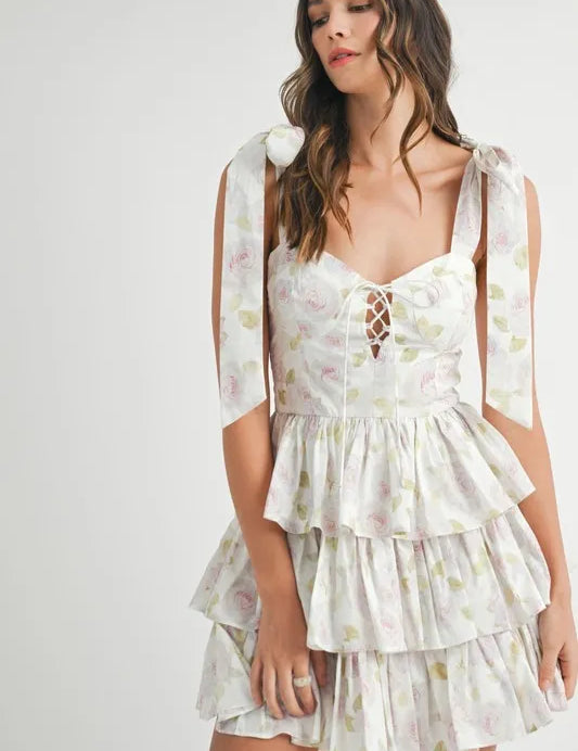 MABLE Floral Print Shoulder Tie Layered Mini Dress | Daverri Fashions