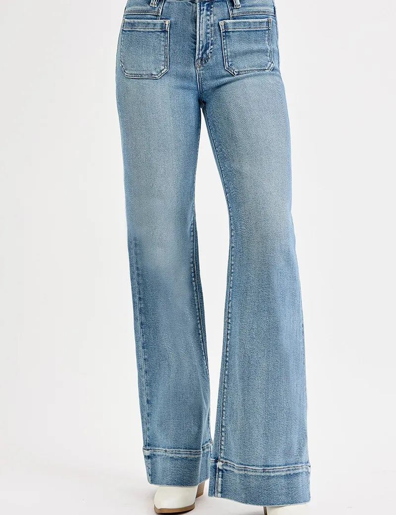 RISEN Full Size High Rise Wide Flare Patch Pocket Jeans | Jeans Daverri Fashions