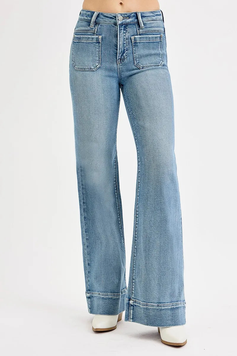 RISEN Full Size High Rise Wide Flare Patch Pocket Jeans Jeans