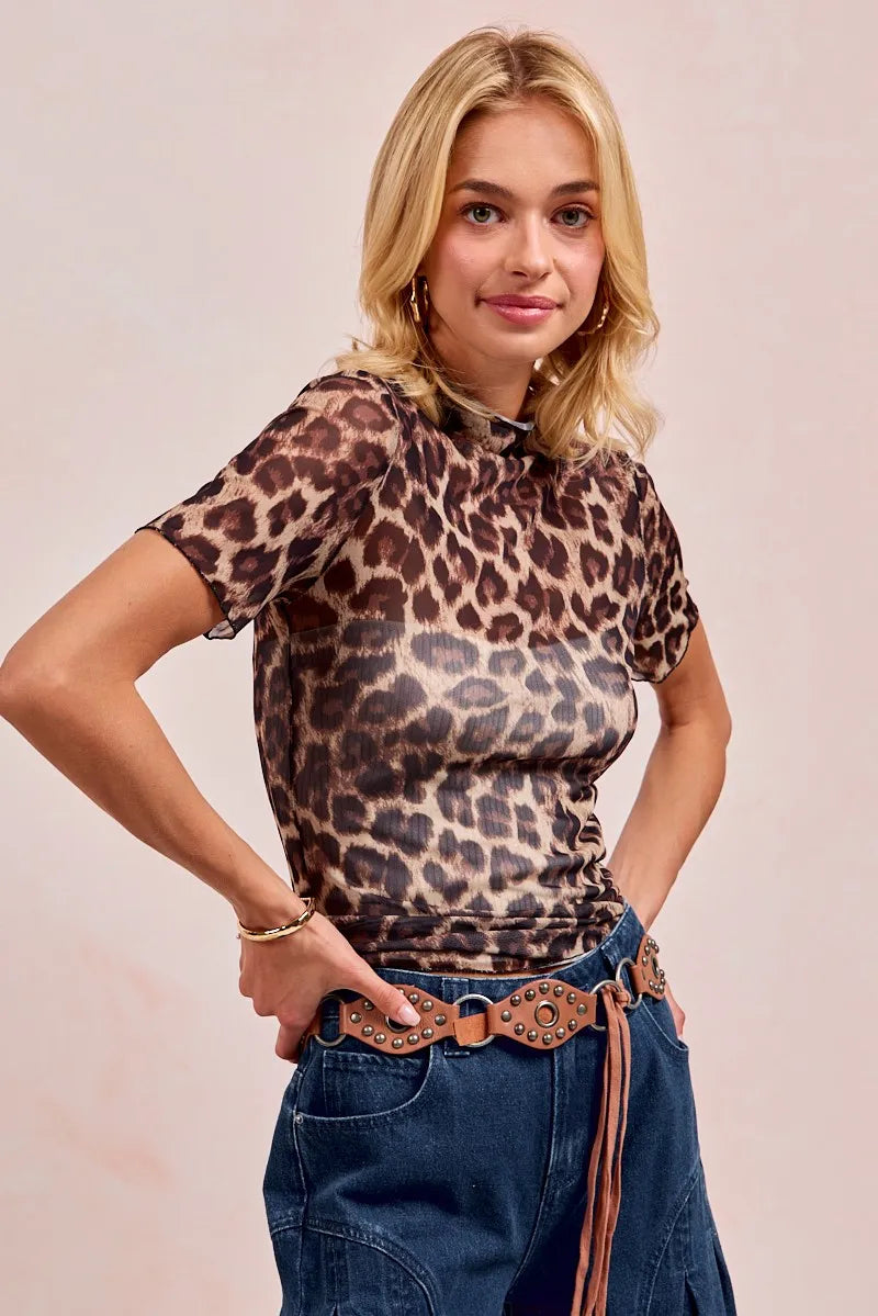 BiBi High Neck Leopard Mesh Short Sleeves Top | Tops Daverri Fashions