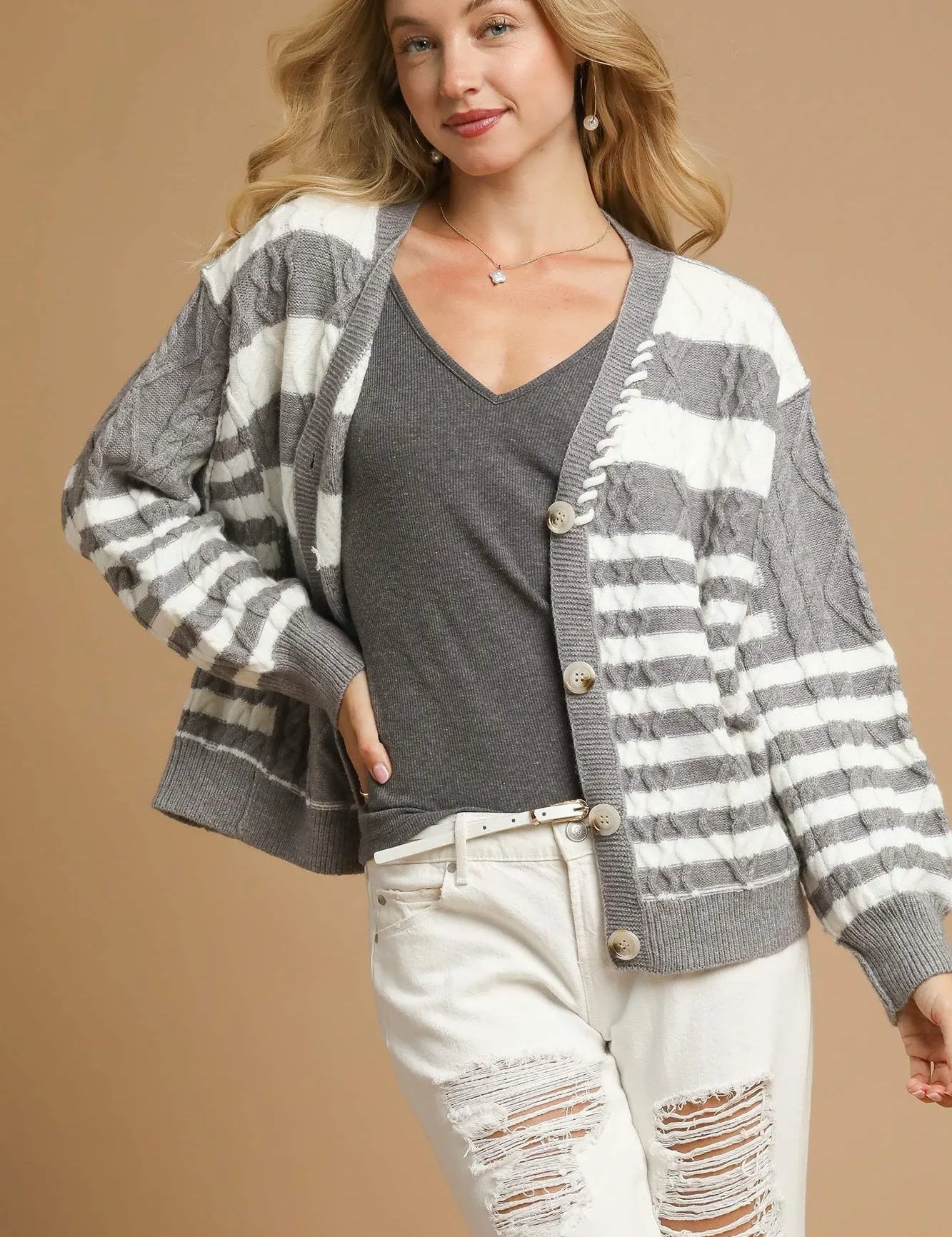 GREY Umgee Cable-Knit Stripe Button-Up Cardigan | Cardigans Daverri Fashions