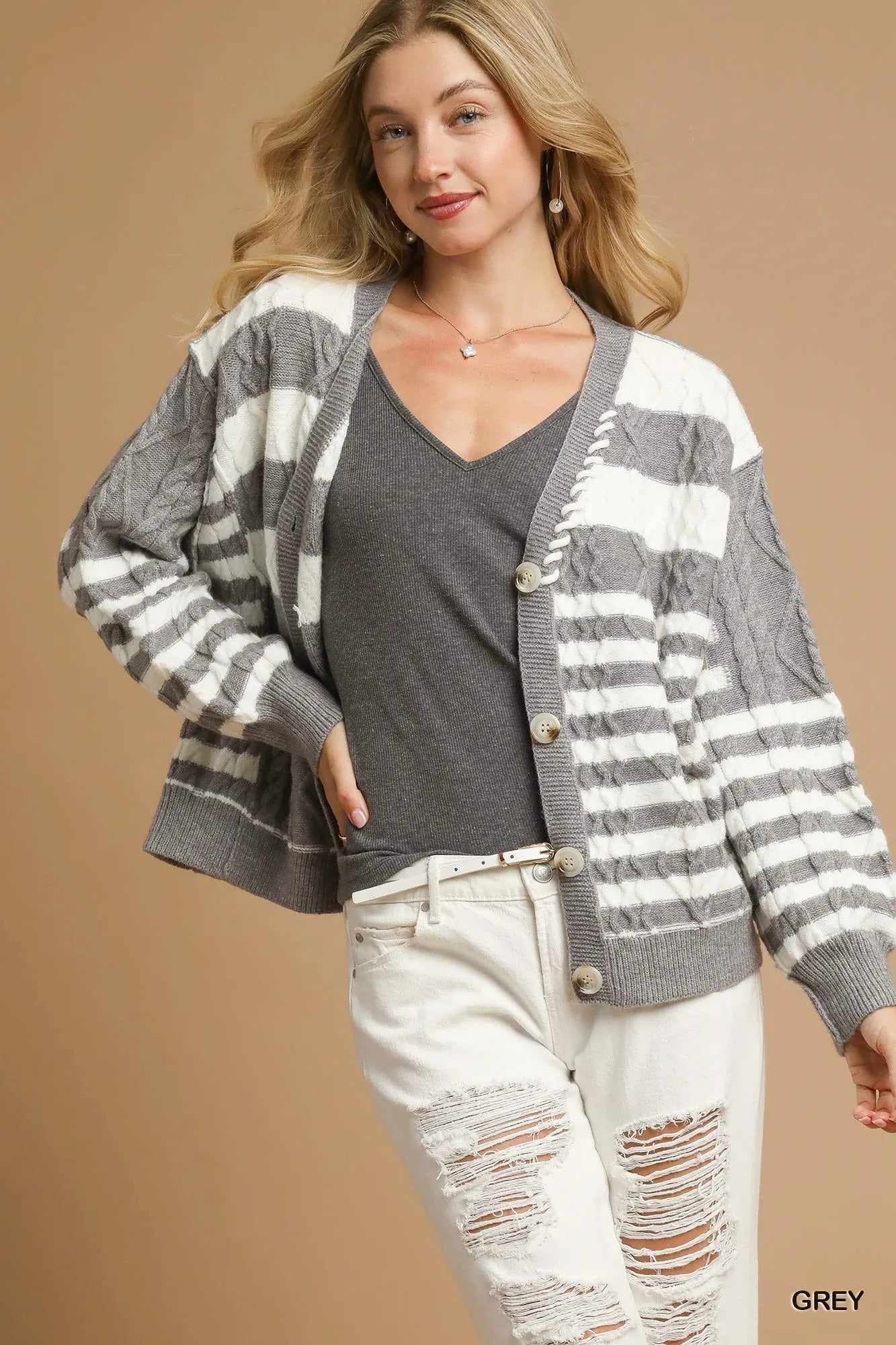 GREY Umgee Cable-Knit Stripe Button-Up Cardigan | Cardigans Daverri Fashions