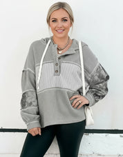 Grey and white waffle knit striped tie-dye button-down hoodie