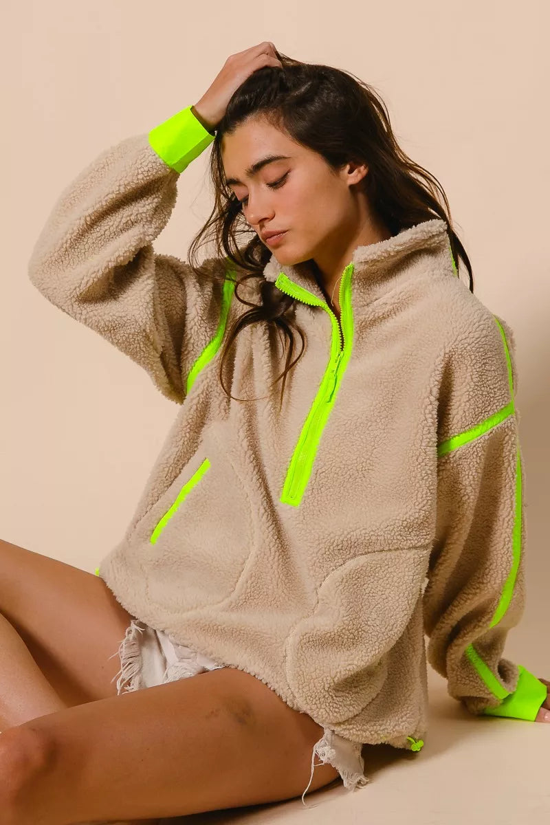 BiBi Contrast Edge Half Zip Up Sherpa Jacket | Jackets Daverri Fashions
