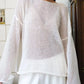 Boat neck dropped shoulder soft off-white knitted sweater with bell sleeves