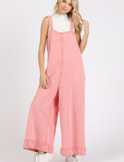 Mittoshop Ruffled Hem Wide Leg Overalls with Pockets Overalls