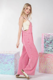 VERY J Texture Washed Wide Leg Overalls Jumpsuits