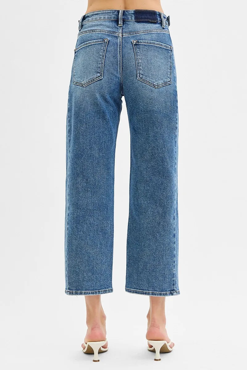 RISEN High Rise Crop Length Barrel Adjustable Waist Band Jeans