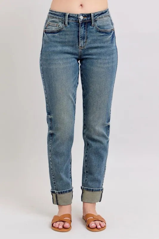 Judy Blue Full Size Mid Rise Vintage Wash Double Roll Cuff Boyfriend Jeans Plus Size MD