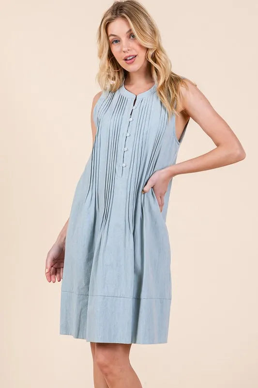 Lime N Chili light blue pleated sleeveless midi dress with pintuck details