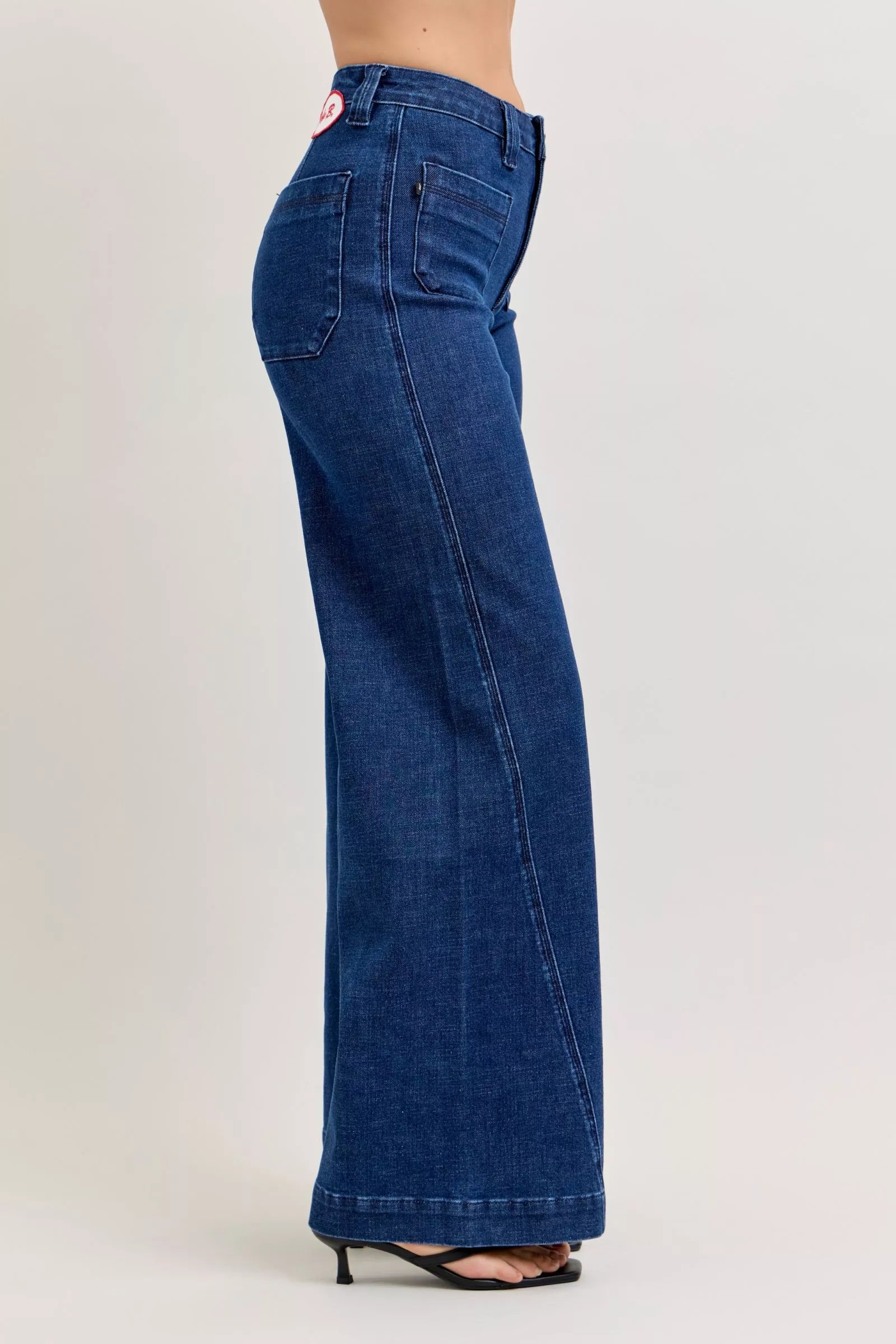 Judy Blue high-waisted retro wide denim flare jeans with pink patch